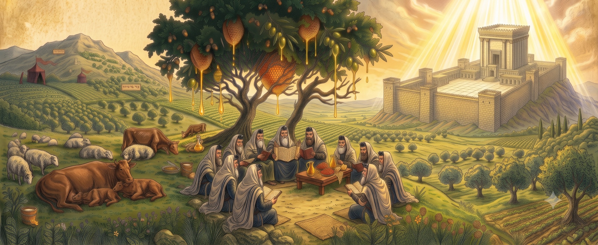 An illustration of the land at rest: sages sitting and learning together under a broad tree dripping honey, flocks and cattle lying down in green pasture, terraced fields and olive groves stretching to the horizon, and the Temple standing in light on the hill