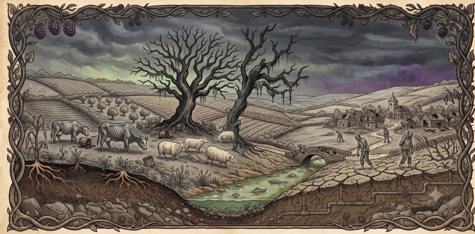 Illustration: a blighted land — dead trees, gaunt cattle, a poisoned stream