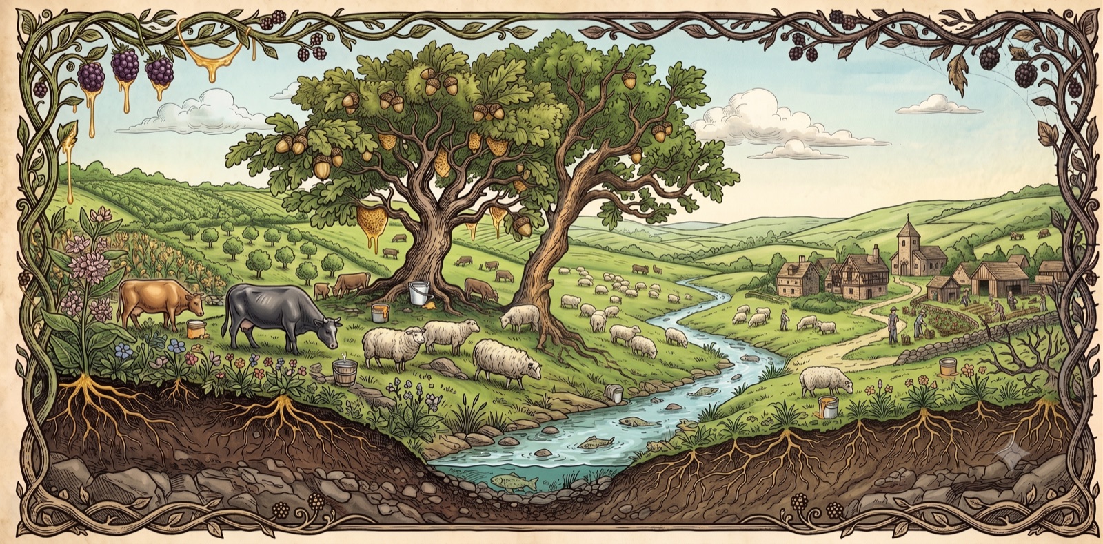 Illustration: a flourishing land — milk and honey, a clear river, a living village